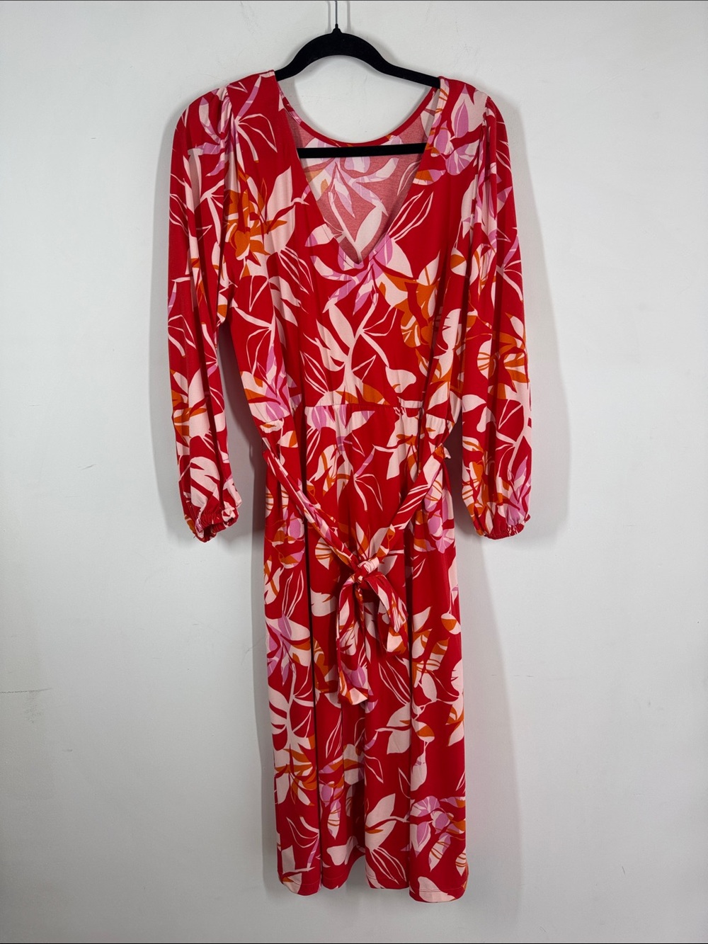 Eloquii Floral Midi Dress Red Pink Size 18 Belted Long Sleeve Summer Boho Chic - Picture 6 of 15